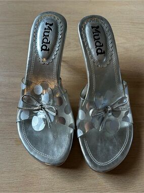 Mudd Y2K Metallic Silver Polka-Dot Slide Mules with Bow